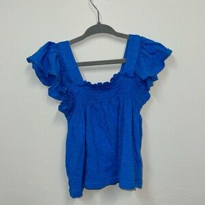 Crewcuts small (6-7) ruffle shoulder blue swing top, so soft!